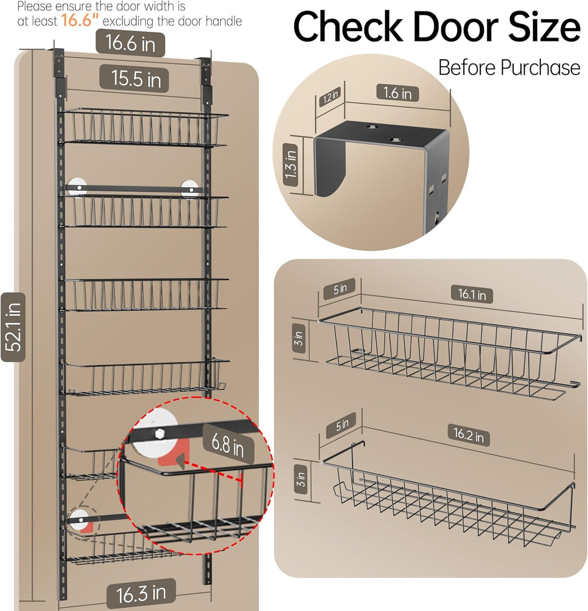 Delamu Adjustable Cabinet Door Organizer, 6-Tier Hanging Spice Rack Organizer, Metal Over the Door Pantry Organizer, Pantry Organizers and Storage Shelves for Kitchen Bathroom Laundry Room, White M
