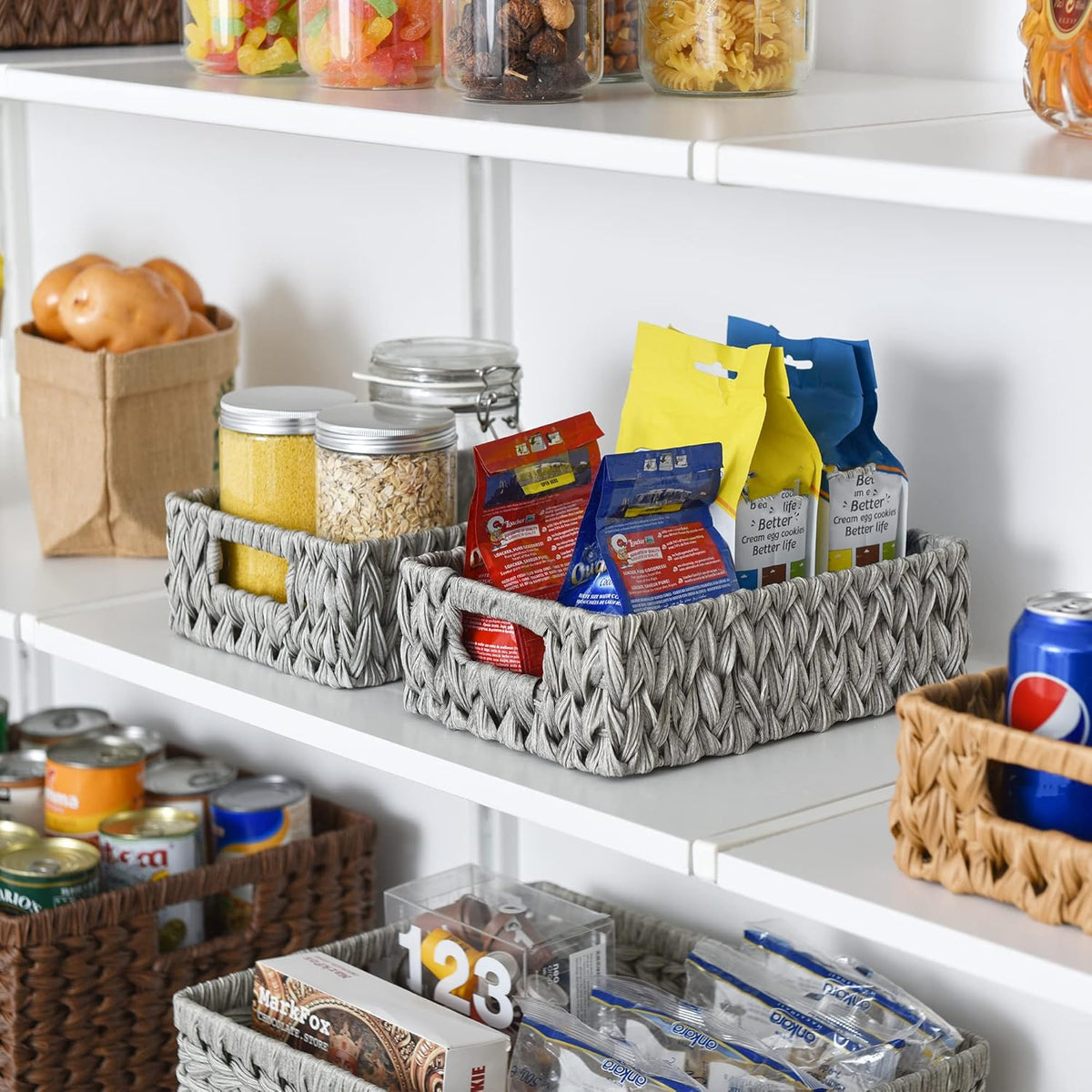 GRANNY SAYS Wicker Storage Baskets for Shelves, Wicker Baskets for Organizing, Waterproof Woven Basket for Pantry, Rectangle Basket for Shlef, Brown, 2-Pack