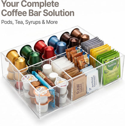 Coffee Bar Organizer for Countertop – Wooden Coffee Caddy with Compartments for Pods, Sugar Packets, and Accessories – Coffee Condiment Station Storage for Home and Office (Black)