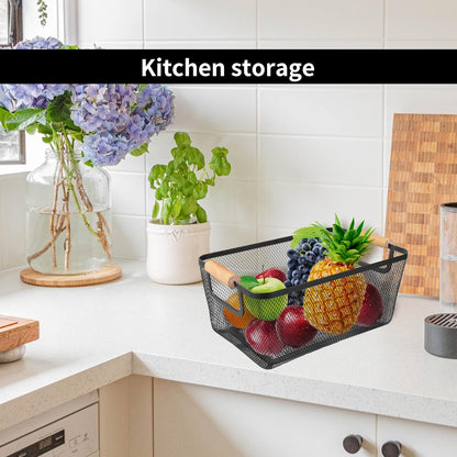 2 Pack 12" Wide Metal Mesh Baskets with Bamboo Handles for Pantry Organization | Wire Storage Bins for Kitchen, Cabinet, Fruit & Snacks | Decorative Farmhouse Style Organizer