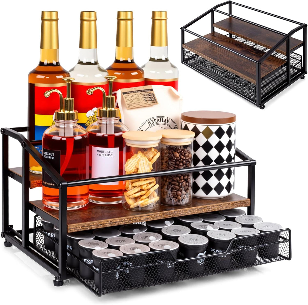 kimilus Coffee Syrup Rack Organizer, 4-Tier 12 Bottle Syrup Rack with 35 K Cup Drawer for Coffee Bar, Countertop Bottle Holder Stand for Dressing for Kitchen Cafe Station