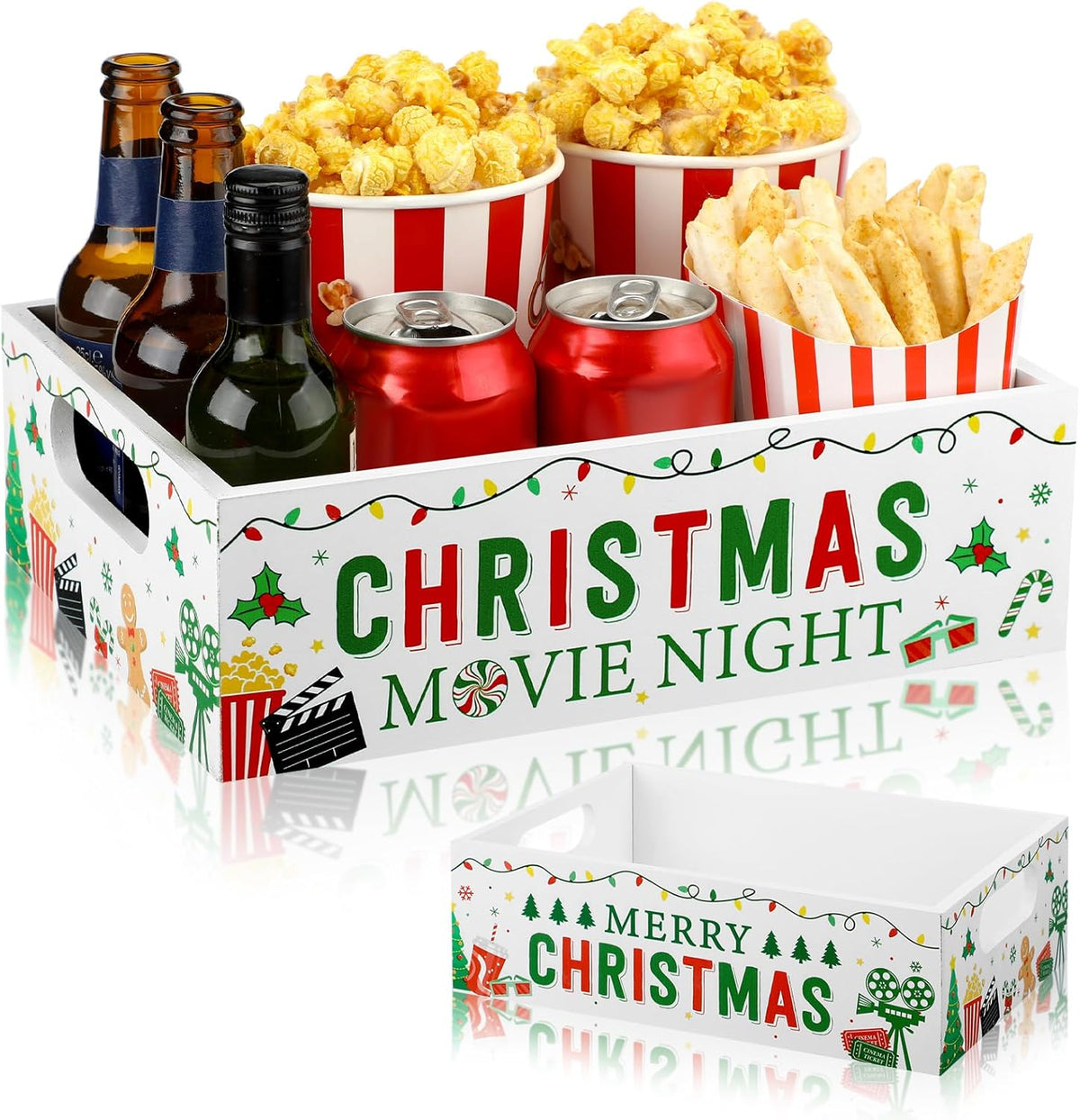 Movie Night Supplies Snack Trays with Handles Reusable Wooden Movie Gift Basket for Theater Popcorn Bucket Bowl Box Container Family Room Decor(Classic Style)