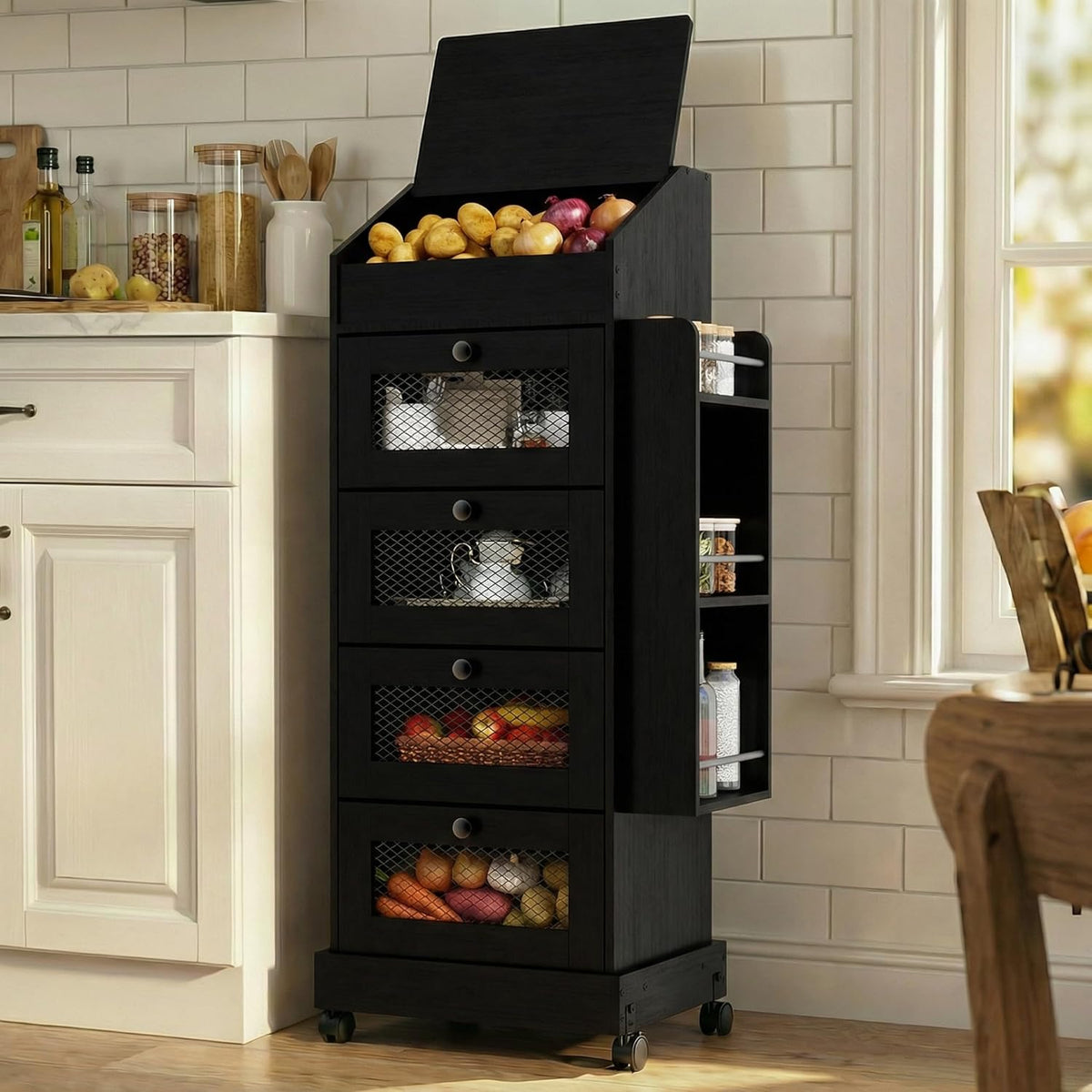 ARTETHYS Potato and Onion Storage Bin for Pantry 5-Tier Rolling Fruit and Vegetable Organizer with Spice Rack on Wheels Movable Large Bread Box Cabinet with 4 Ventilated Drawers for Kitchen, Rustic