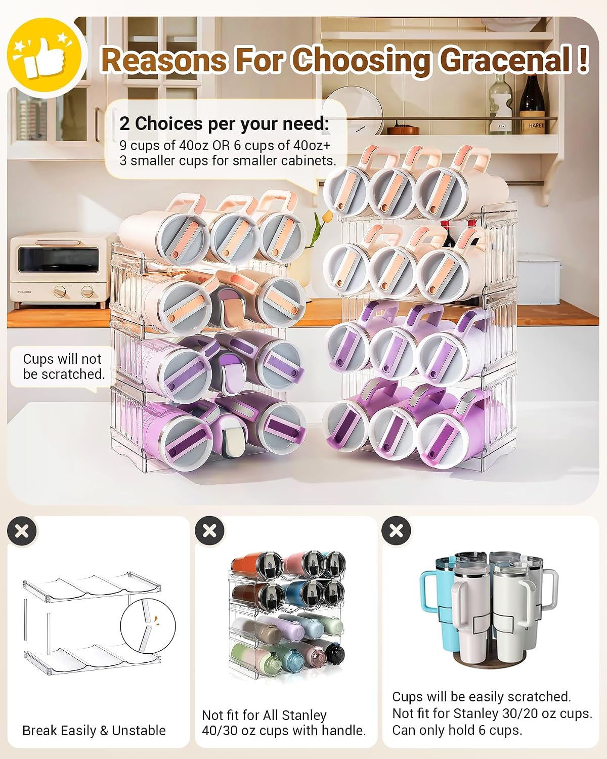 Gracenal Water Bottle Organizer for Stanley Cup Accessories, Cabinet Organizers and Storage for Meoky 40 oz Tumbler with Handle, Fridge Tumbler Organizer Kitchen Gadgets Gifts, 2Pack Large-6-bottle
