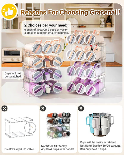 Gracenal Water Bottle Organizer for Stanley Cup Accessories, Cabinet Organizers and Storage for Meoky 40 oz Tumbler with Handle, Fridge Tumbler Organizer Kitchen Gadgets Gifts, 2Pack Large-6-bottle