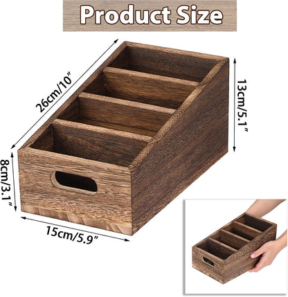 BSTKEY Seasoning Packet Organizer with Handle, Food Packet Storage with 4 Stairstep Compartments, Wooden Storage Caddy for Pantry Cabinet, Farmhouse Kitchen Organization Bin for Snacks Spice Packets
