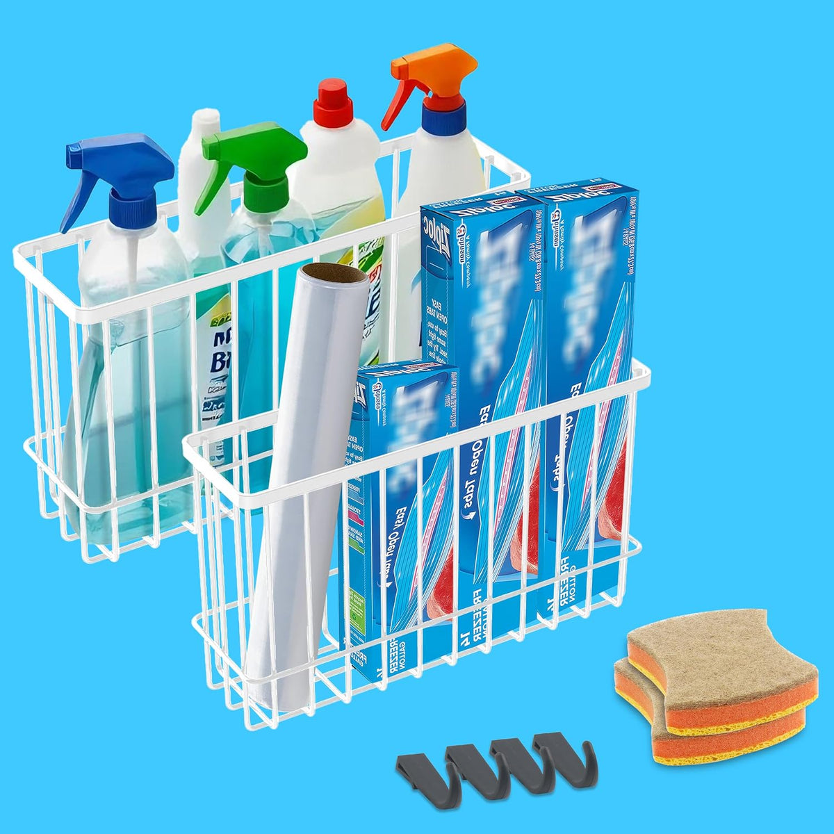 Cabinet Door Organizer Basket 2 Pack, Foil and Plastic Wrap Organizer with 2 Sponges, Lid Organizers Inside Cabinet, Metal Basket for Kitchen Organizers and Storage, Utility, Black (Medium,Large)