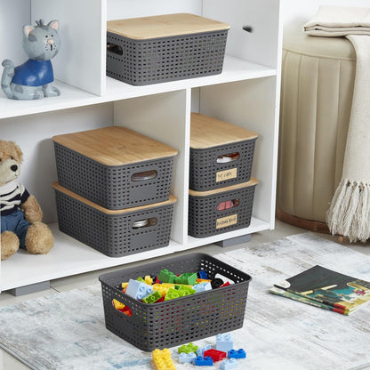 Bagnizer Small Plastic Storage Bins with Bamboo Lids 5.2qt Stackable Box Basket Pantry Decorative Containers Cute with Labels for Organizing Desktop Closet Office Cream White of 10*7.2*4.1"