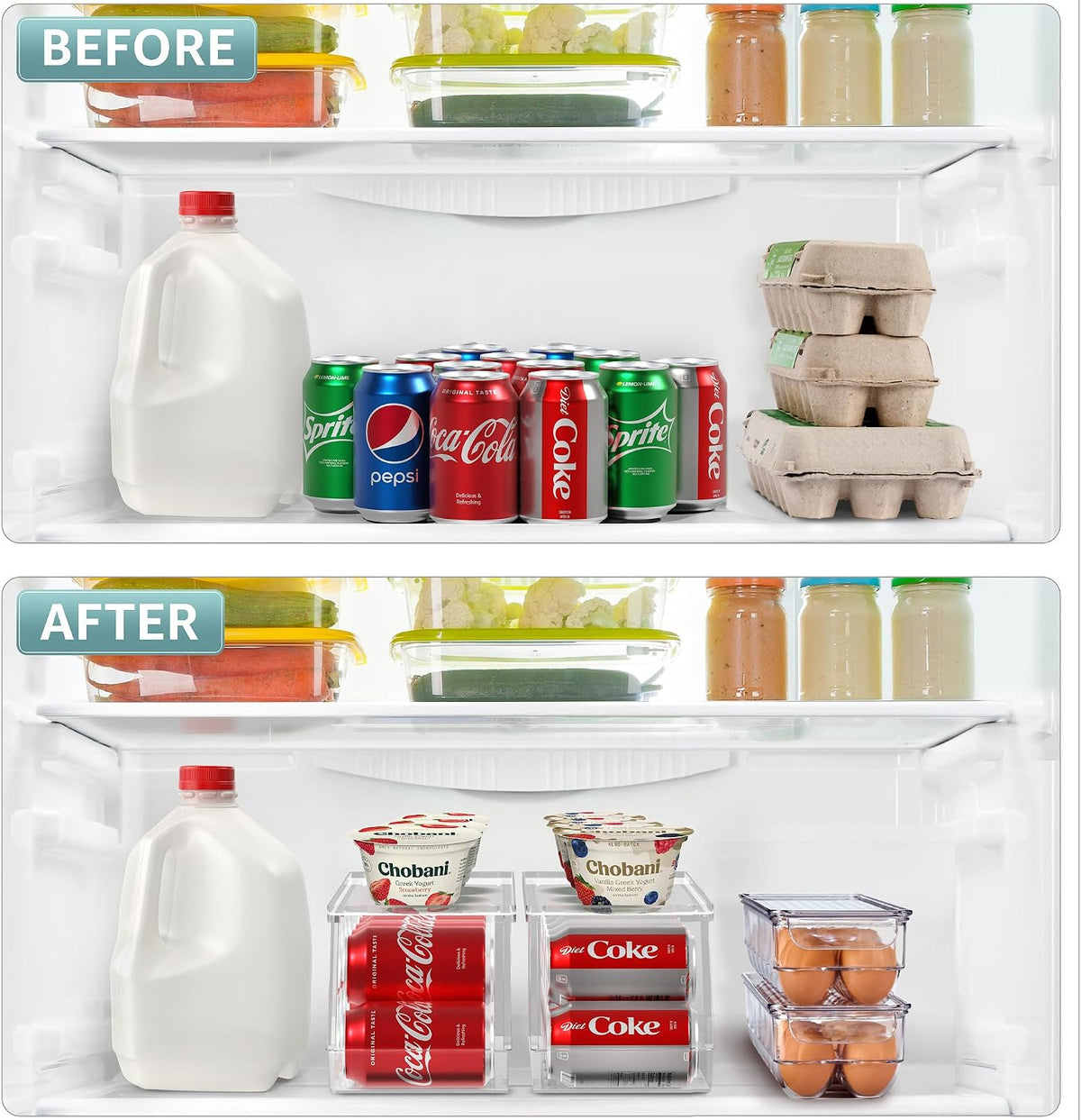 Sorbus Soda Can Organizer for Refrigerator & Egg Holder for Fridge Set, 4 Stackable Can Holder Dispenser Holds 12 Cans Each & 2 Egg Holders with Lid holds 14 eggs for Fridge, Pantry, Freezer, BPA-Free