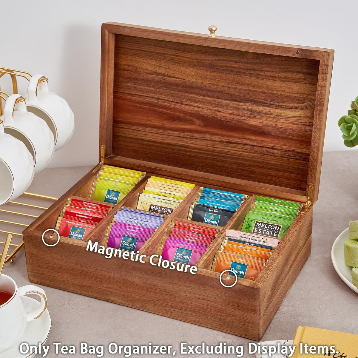 SARUFO Acacia Wood Tea Bag Organizers, Tea Packet Storage Boxes, 8-Compartment Tea Caddy for Tea Bags Chest, Teabag Holder Containers, Teabox Station Display