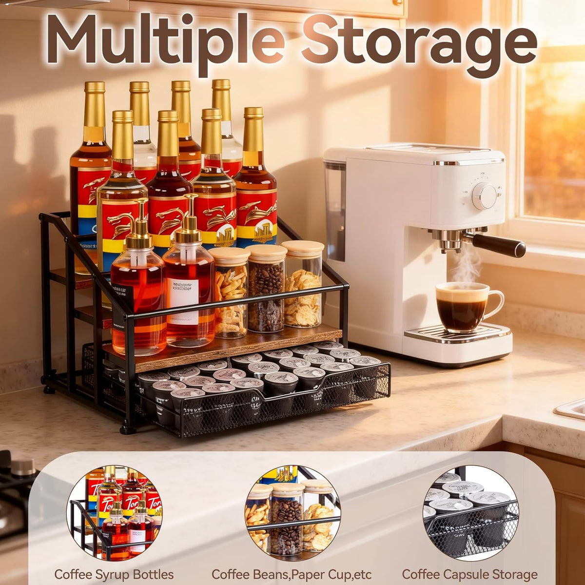 kimilus Coffee Syrup Rack Organizer, 4-Tier 12 Bottle Syrup Rack with 35 K Cup Drawer for Coffee Bar, Countertop Bottle Holder Stand for Dressing for Kitchen Cafe Station
