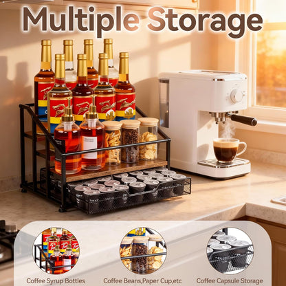 kimilus Coffee Syrup Rack Organizer, 4-Tier 12 Bottle Syrup Rack with 35 K Cup Drawer for Coffee Bar, Countertop Bottle Holder Stand for Dressing for Kitchen Cafe Station