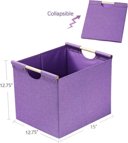 HOONEX Large Collapsible Storage Bins, Linen Fabric, Pack of 2, Storage Baskets with Wooden Carry Handles and Sturdy Heavy Cardboard, for Home, Office, Car, Nursery, Black