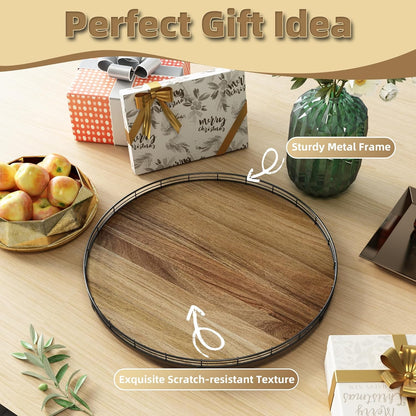 Acacia Wood 13" Lazy Susan Turntable Organizer for Table Top, Farmhouse Round Wooden Lazy Susan for Cabinet Kitchen Centerpieces Coffee Table, for Condiments Spices, Bathroom Vanity Tray Decor