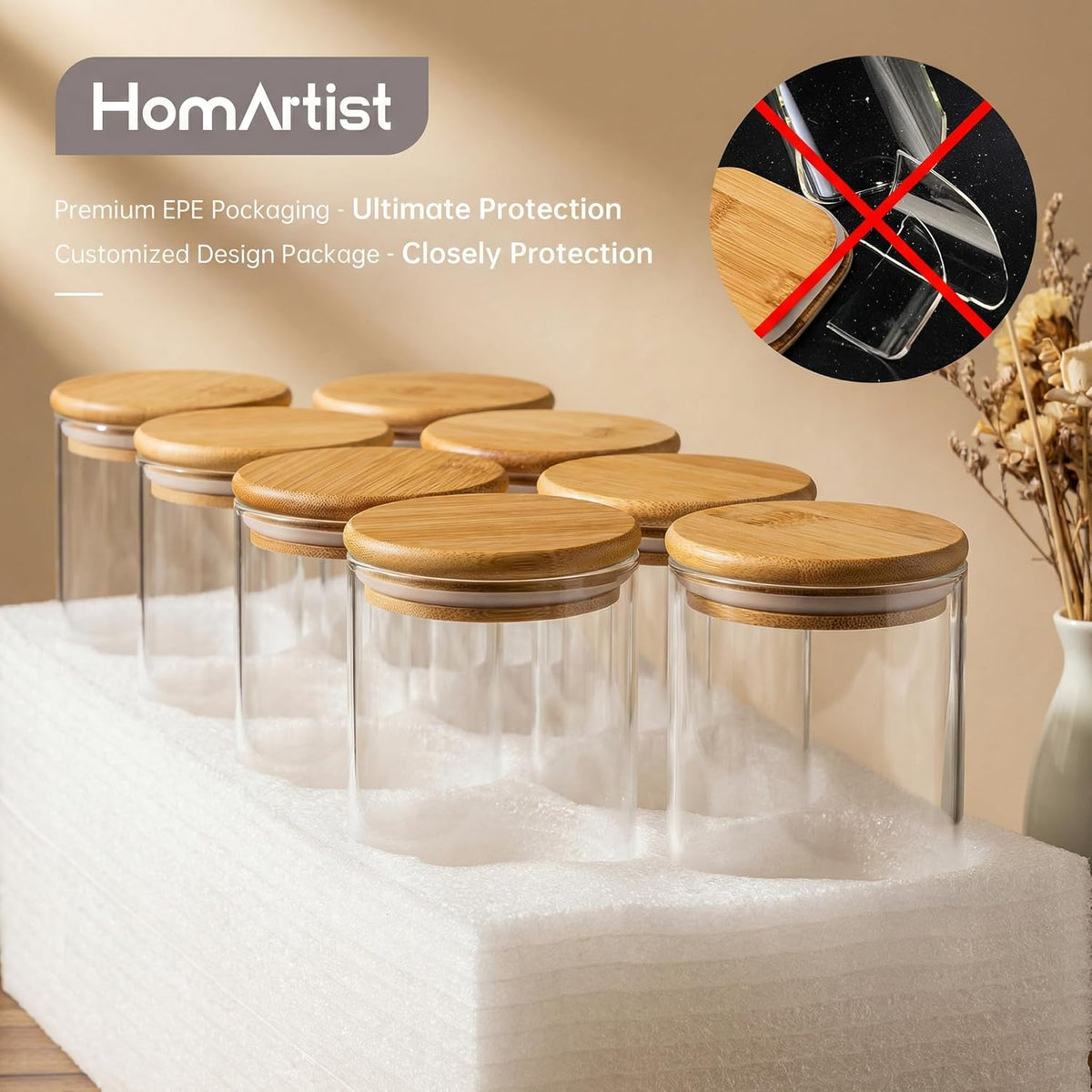 32oz - Glass Jars with Bamboo Lids, Glass Pantry Storage Containers with Airtight Lids, Round Air Tigh Food Storage Canisters for Cereal, Pasta, Flour, Sugar, Rice, Best for Kitchen Organizer