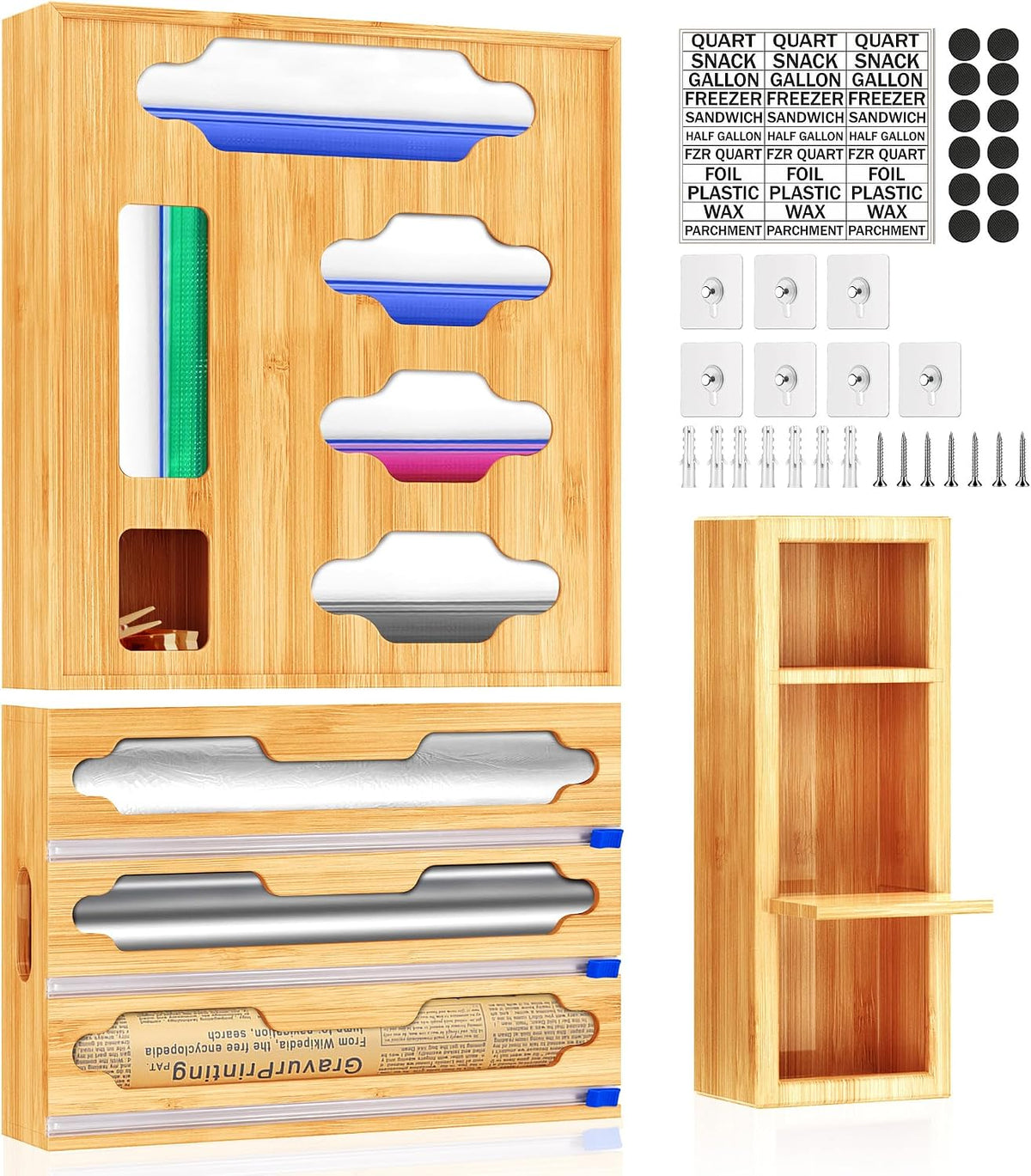Sandwich Bag & Organizer, Aluminum Foil & Plastic Wrap Cutter, Bamboo Drawer Storage for Gallon, Quart Bags & 12" Rolls (9 in 1)