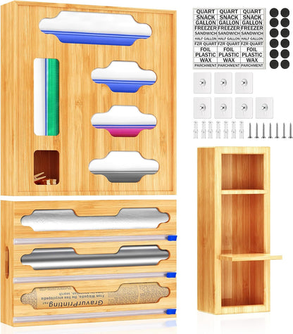 Sandwich Bag & Organizer, Aluminum Foil & Plastic Wrap Cutter, Bamboo Drawer Storage for Gallon, Quart Bags & 12" Rolls (9 in 1)