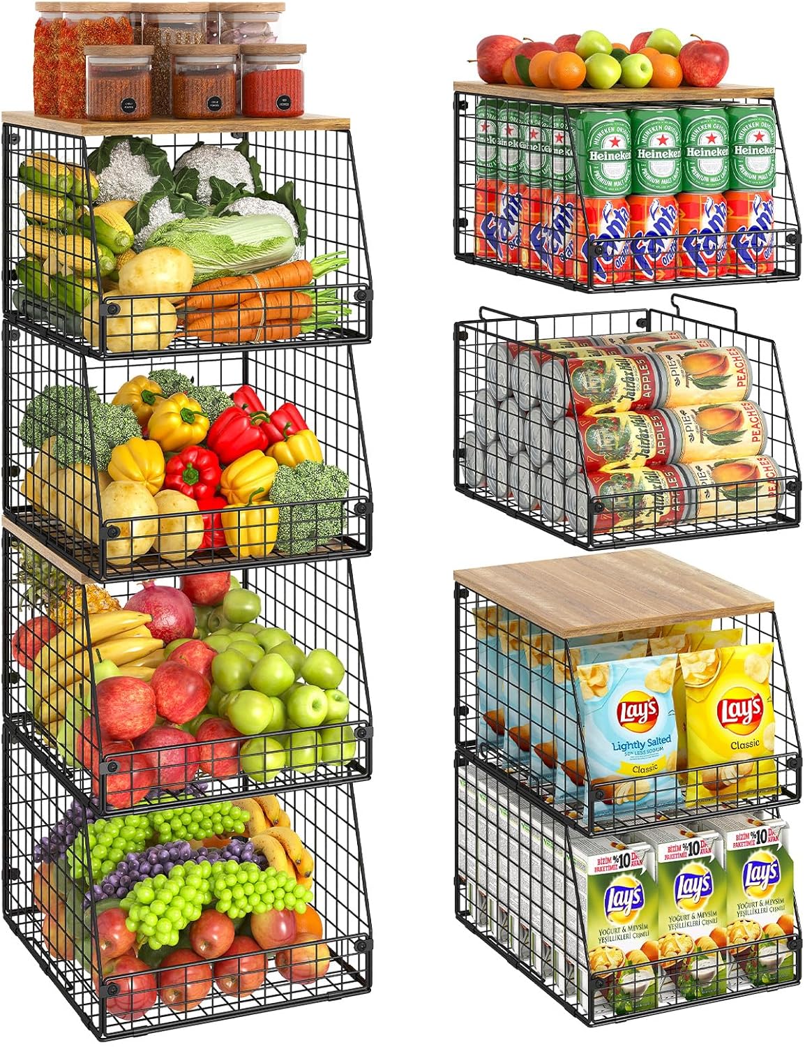 Jakyitvi XXL Stackable Wire Storage Basket, Extra Large Capacity Pantry Organizer and Storage, Muti-Purpose for Fruit Vegetable Basket & Toy Bin & Snack Organizer