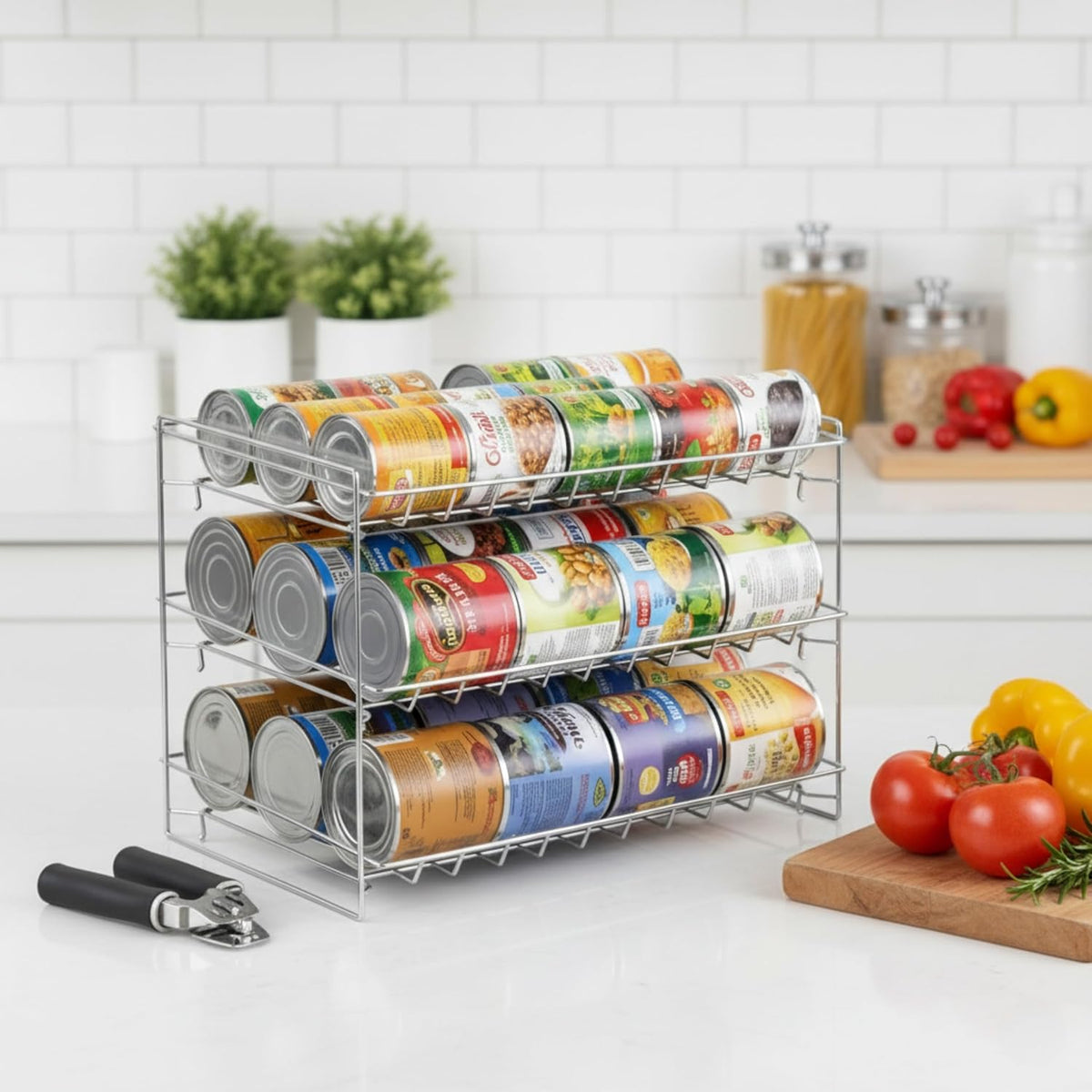 Lavish Classic Cuisine 3 Tier Dispenser-Organizer Rack Holds up to 27 Cans-for Kitchen Pantry, Countertops, and Cabinets-Storage Accessories (Chrome)