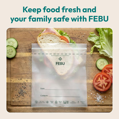 FEBU Compostable Food Storage Bags Variety Pack, 260 Count | Compostable & Biodegradable | PFAS & BPA Free | Drawer Organizer Box | 90 Snack, 90 Sandwich, 50 Quart, 30 Gallon