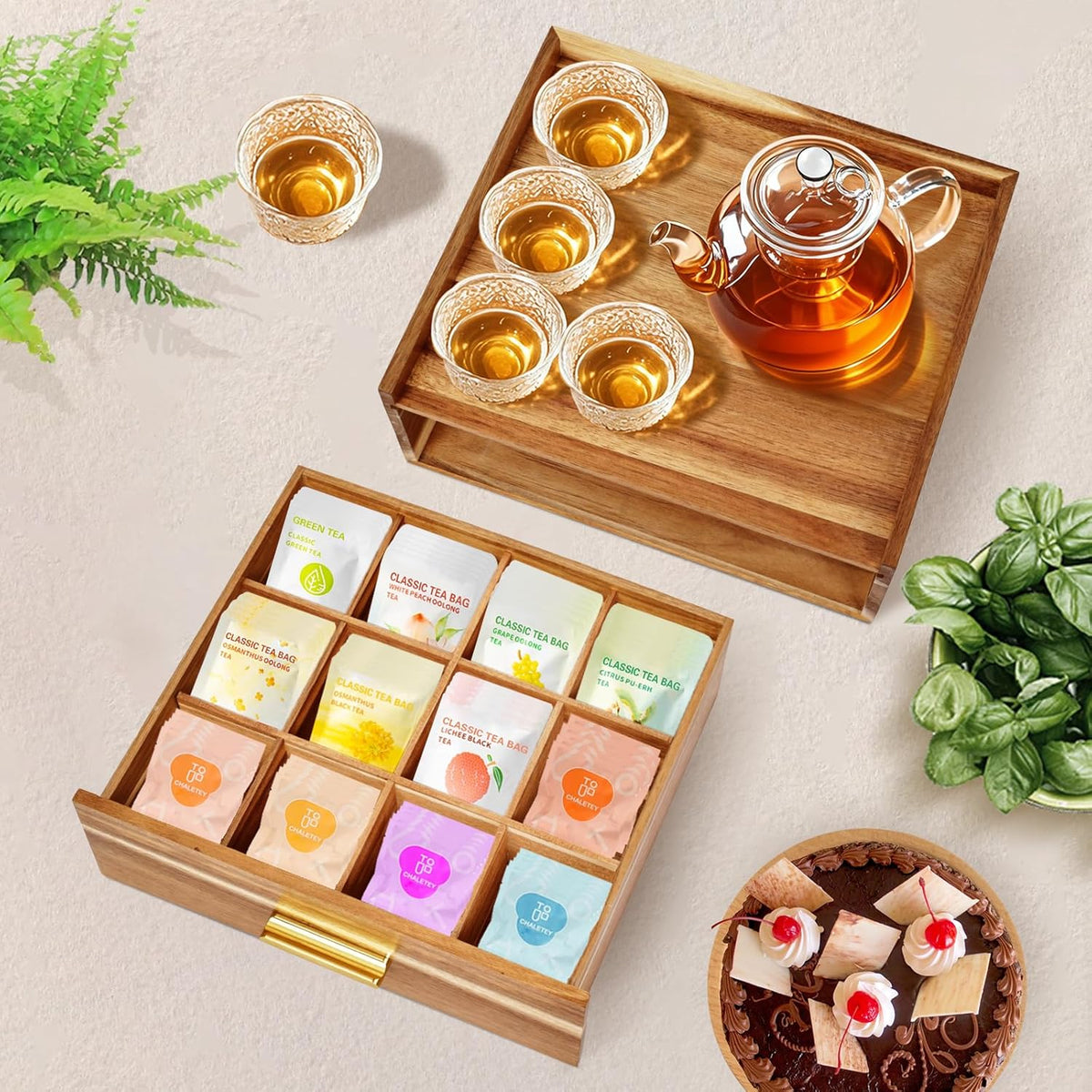 NANXITU Acacia Wood Tea Holder Organizer,Tea Box Organizer Storage Box,Tea Caddy for Tea Bags Organizer Drawer,with12 Compartments Multi-Functional Tea Station Chest for Countertop