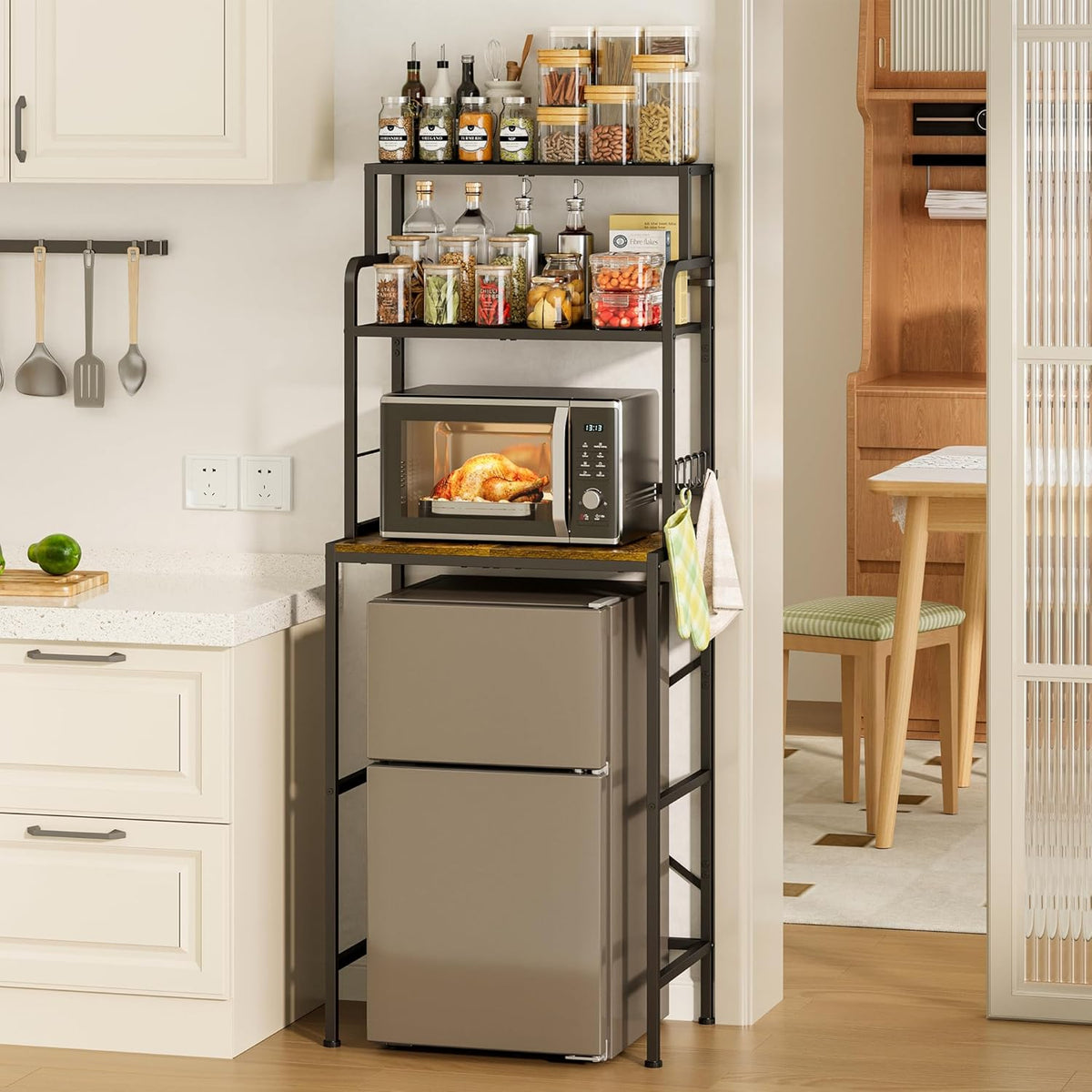 Yuyetuyo 3-Tier Mini Fridge Stand Shelf with Storage, Microwave Organizer Shelf and Mini Fridge Cabinet with Storage for Kitchen, Dorm, and Coffee Bar with Mini Fridge Space