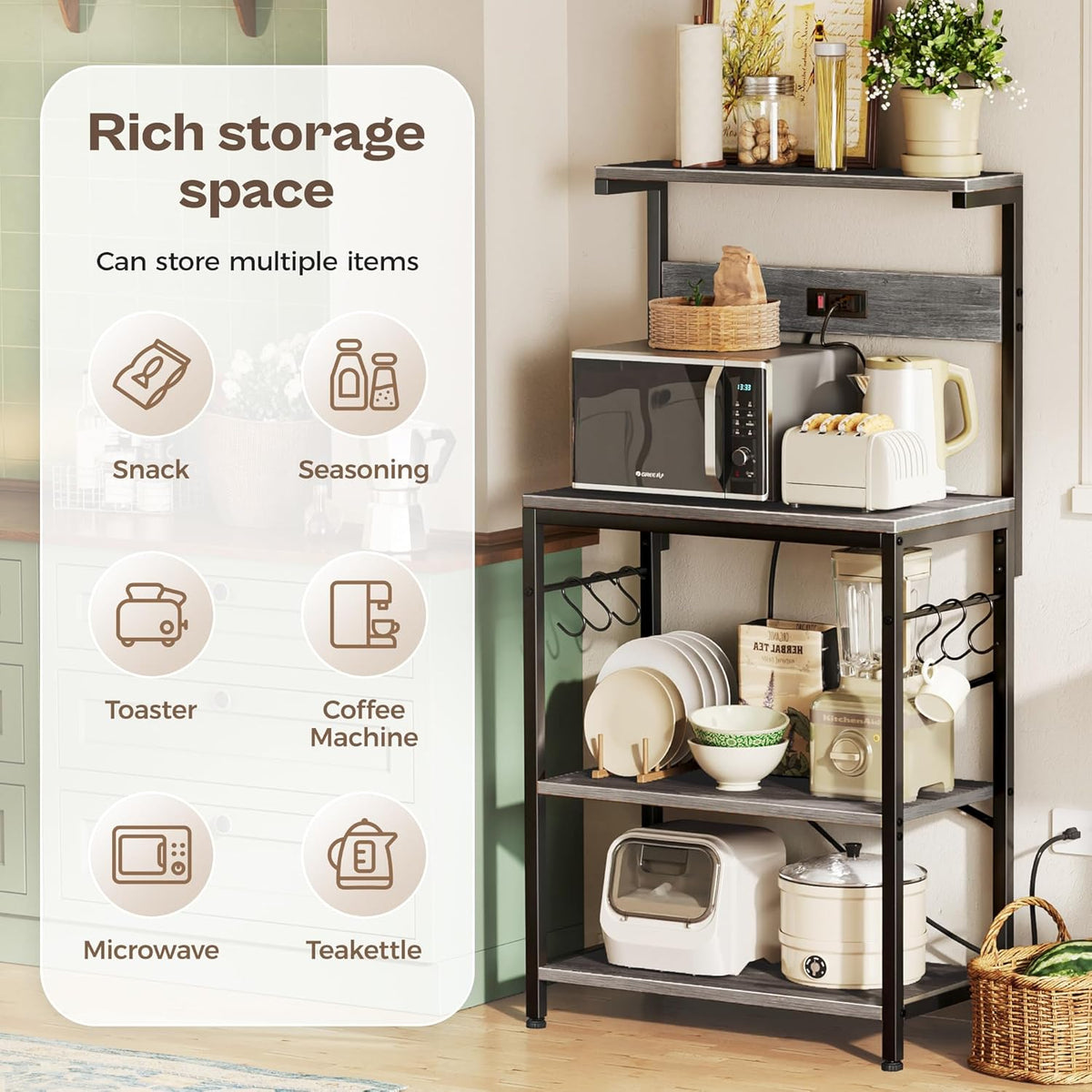 SUPERJARE Kitchen Bakers Rack with Power Outlet, Coffee Bar Table 4 Tiers, Kitchen Microwave Stand with 6 S-shaped Hooks, Storage Shelf Rack for Spices, Pots and Pans - Rustic Brown