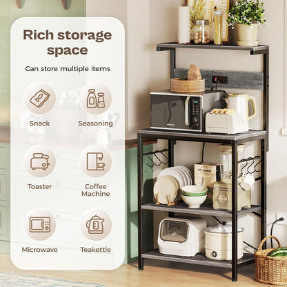 SUPERJARE Kitchen Bakers Rack with Power Outlet, Coffee Bar Table 4 Tiers, Kitchen Microwave Stand with 6 S-shaped Hooks, Storage Shelf Rack for Spices, Pots and Pans - Rustic Brown