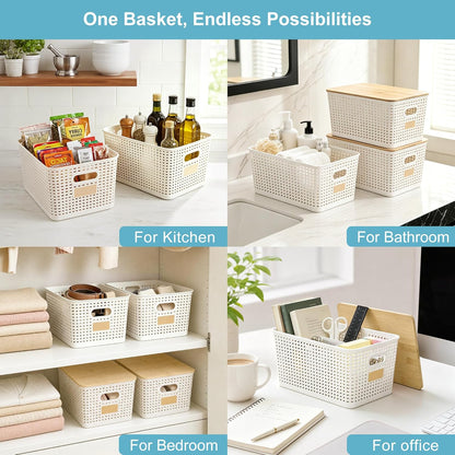 Bagnizer Small Plastic Storage Bins with Bamboo Lids 5.2qt Stackable Box Basket Pantry Decorative Containers Cute with Labels for Organizing Desktop Closet Office Cream White of 10*7.2*4.1"