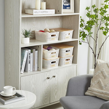 Bagnizer Small Plastic Storage Bins with Bamboo Lids 5.2qt Stackable Box Basket Pantry Decorative Containers Cute with Labels for Organizing Desktop Closet Office Cream White of 10*7.2*4.1"