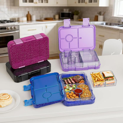 Bento Lunch Box for Kids, 6 Compartments BPA Free, Dishwasher Safe Back to School Snack Bento Lunch Containers Boxes, Ideal Portion Sizes for On-the-Go Meal, Ages 3+, School, Green Patterned