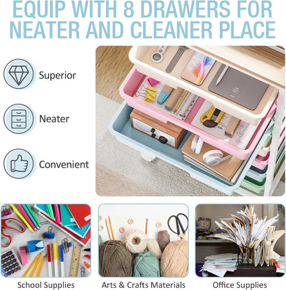 Rolling Cart with Drawers, Pink Cart with 8 Plastic Drawer Storage and Wooden Tabletop, Craft Storage, Teacher Cart, Storage Cart on Wheels, Rose Pink