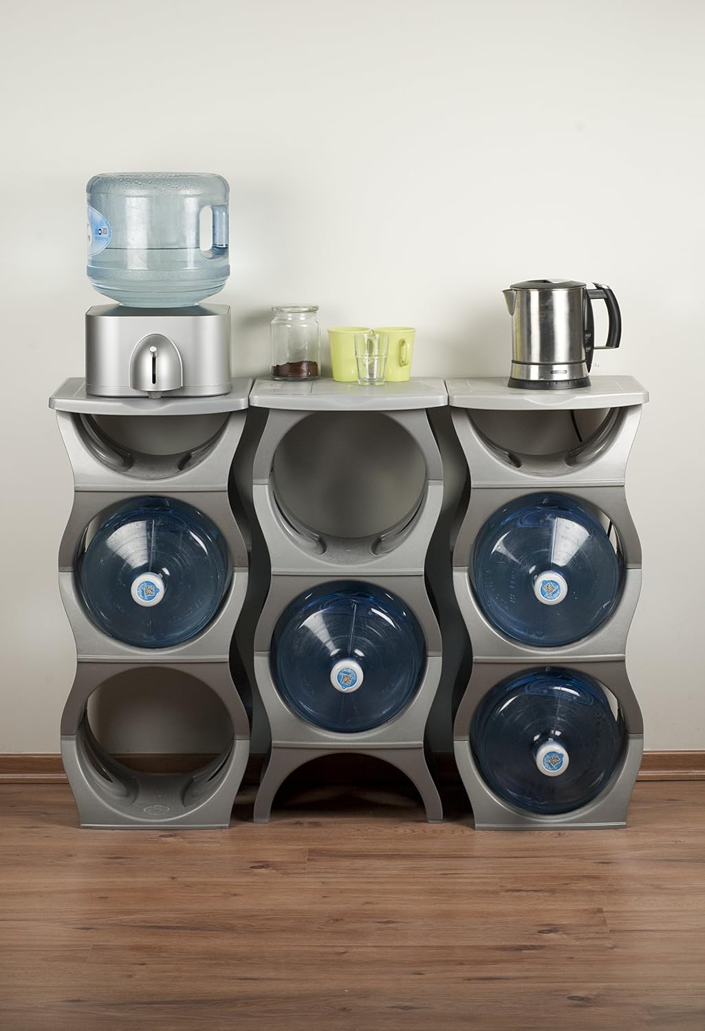 Bariboo Stackable Water Bottle Storage Rack Best Water Jugs 5 Gallon Organizer. Jug Holder for Kitchen, Cabinet and Office Organizing. Reinforced Polypropylene (Silver, 4 No Shelf)