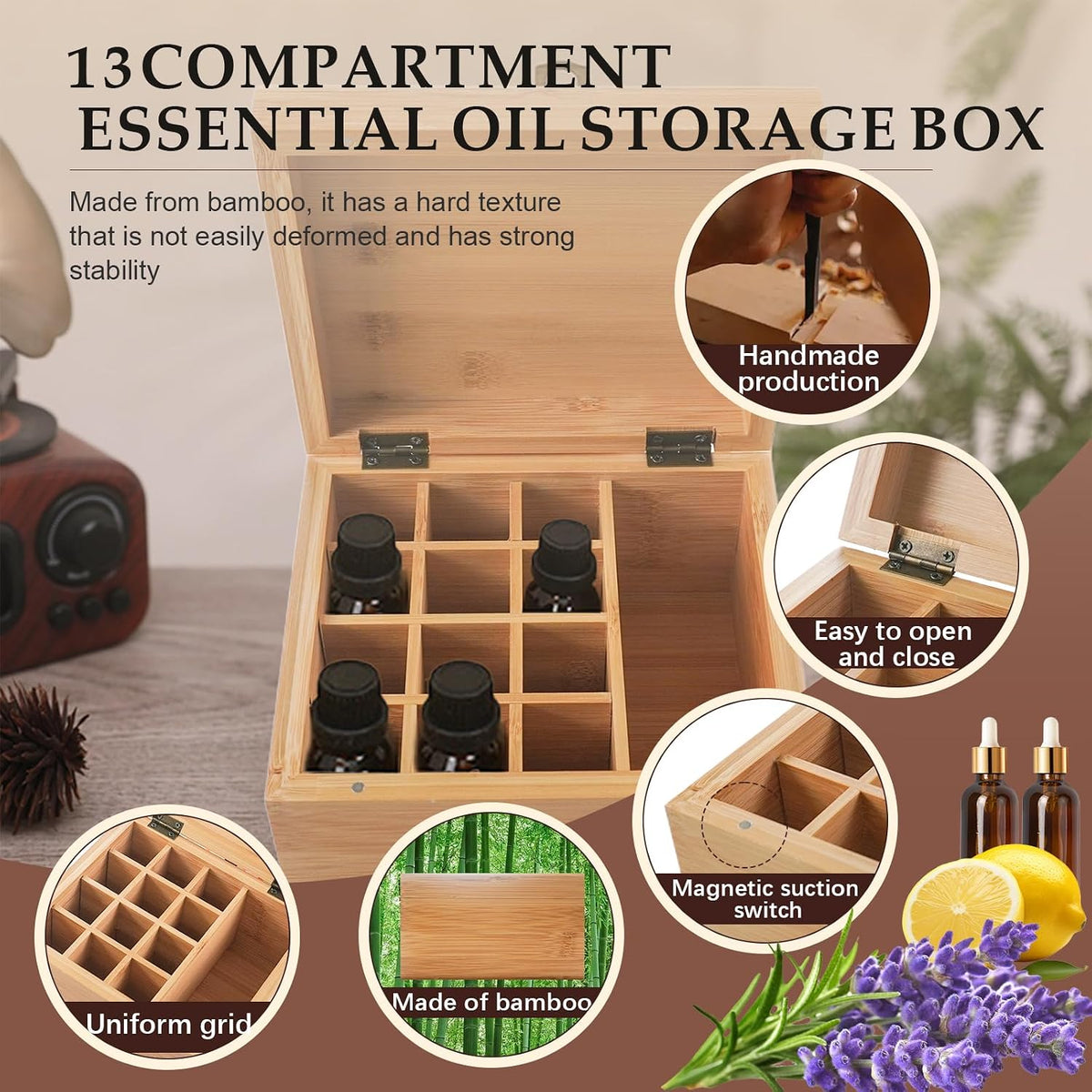 Pure Vie Essential Oil Bamboo Storage Box Travel Display Presentation, Holds 26 Bottles for 5, 10, 15ml - Aromatherapy Organizer Nail Polish Fragrance Container - Keep Your Oils Safe & Space Saver
