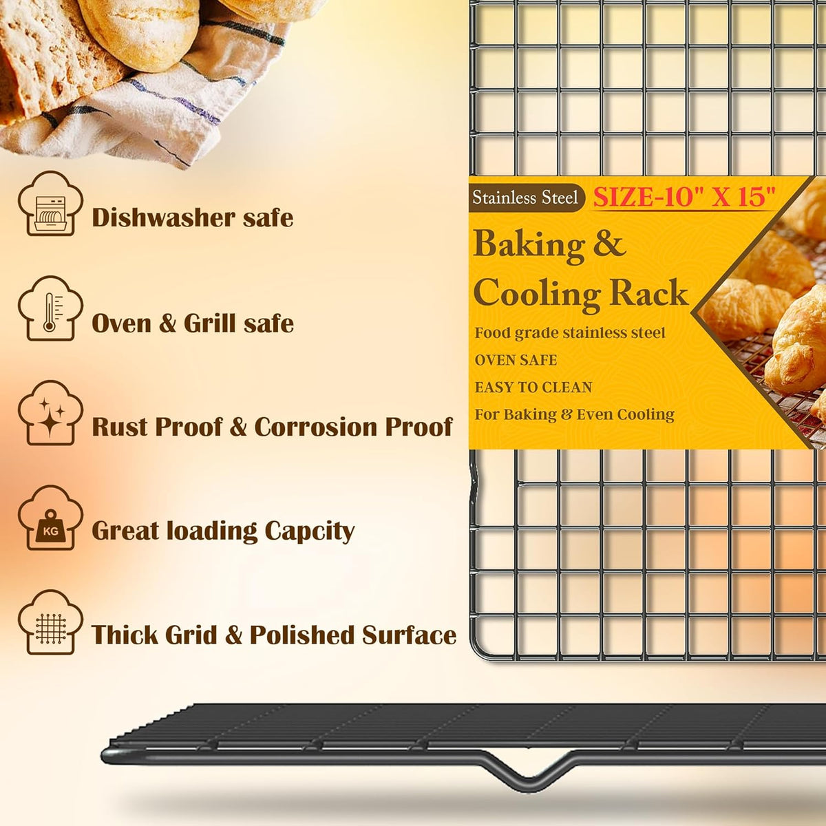 2PCS Cooling Racks for Cooking and Baking - 10" x 15"Heavy Duty Stainless Steel Wire Rack for Baking, Grilling, Roasting - Oven & Dishwasher Safe - Fits Jelly Roll Sheet Pan-Silver