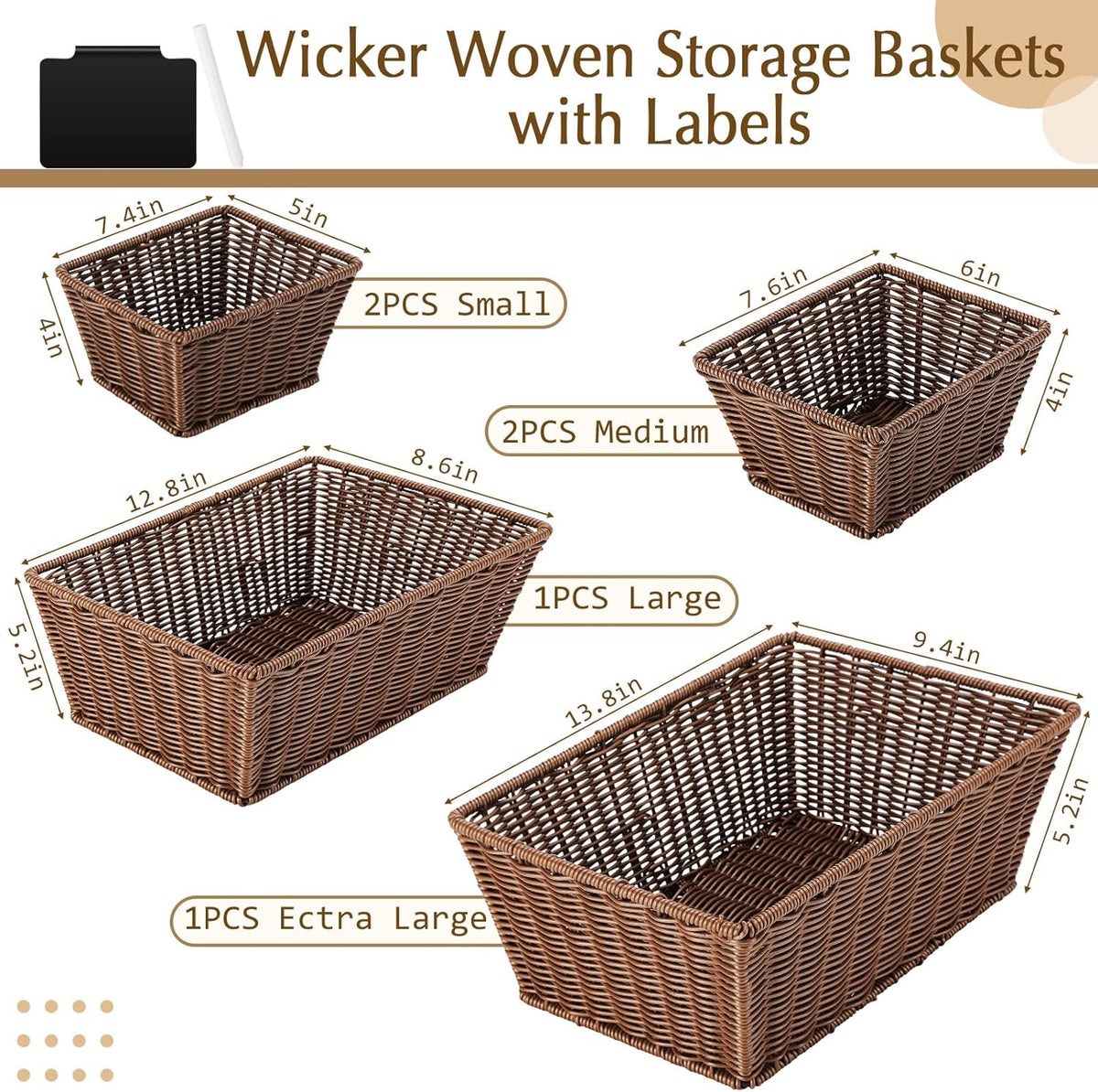 Marsui 6 Pcs Wicker Storage Baskets with Labels Handwoven Multi-size Brown Wicker Storage Bins for Organizing Small Baskets Container for Shelves Closet Pantry Toilet(Brown )