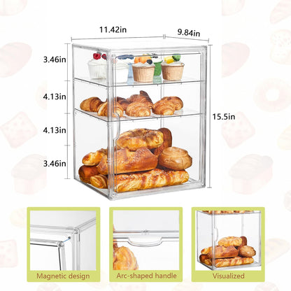SANKEU Pastry Display Case,Bread Box for Kitchen Countertop,4 Layers Adjustable Clear Bread Storage with Magnetic Door Bakery Pastry Display15.5x11.4x9.8inch，1 Pack