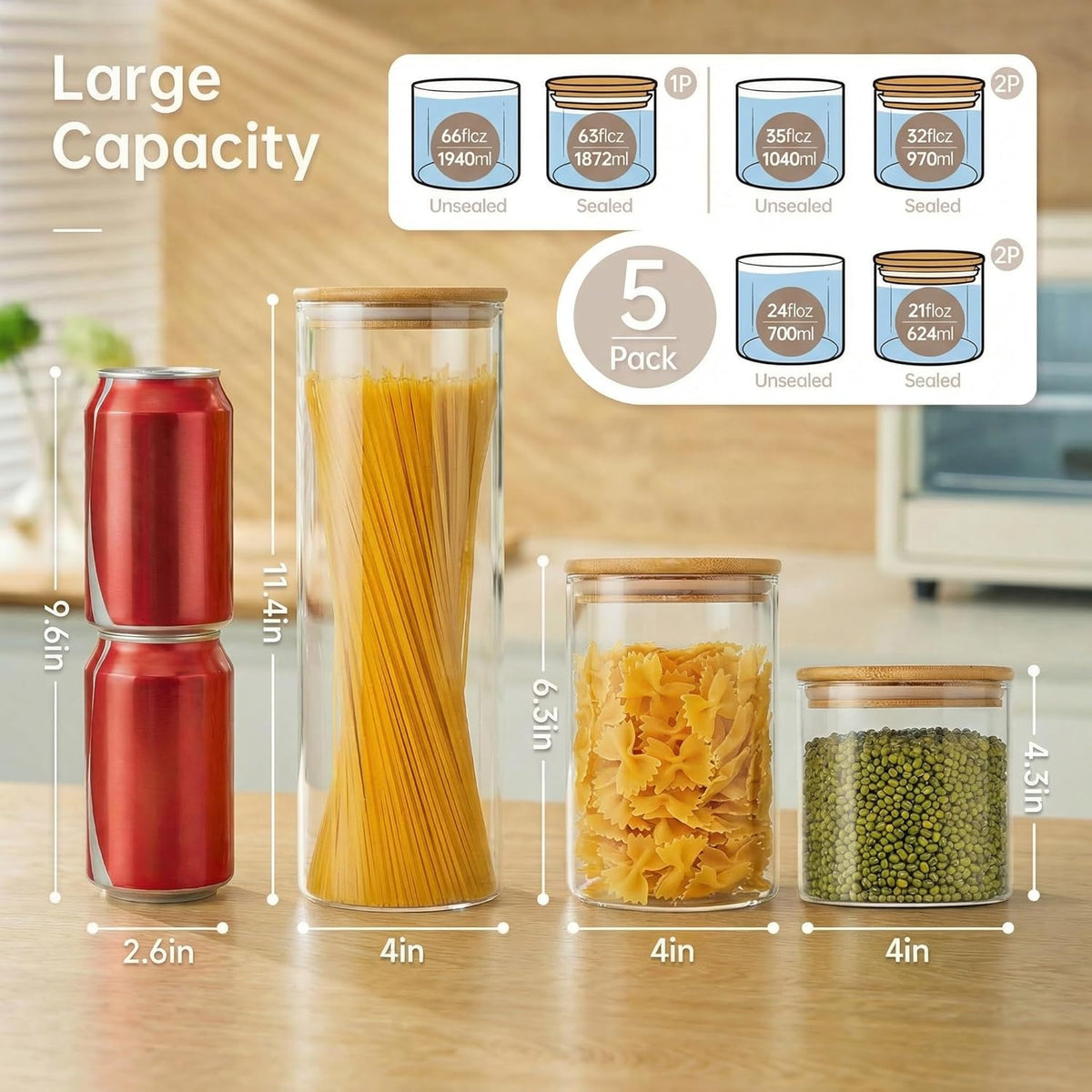 32oz - Glass Jars with Bamboo Lids, Glass Pantry Storage Containers with Airtight Lids, Round Air Tigh Food Storage Canisters for Cereal, Pasta, Flour, Sugar, Rice, Best for Kitchen Organizer