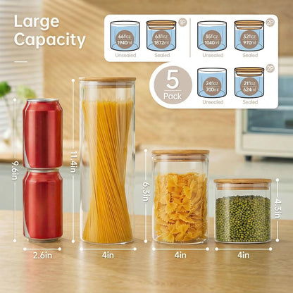 32oz - Glass Jars with Bamboo Lids, Glass Pantry Storage Containers with Airtight Lids, Round Air Tigh Food Storage Canisters for Cereal, Pasta, Flour, Sugar, Rice, Best for Kitchen Organizer