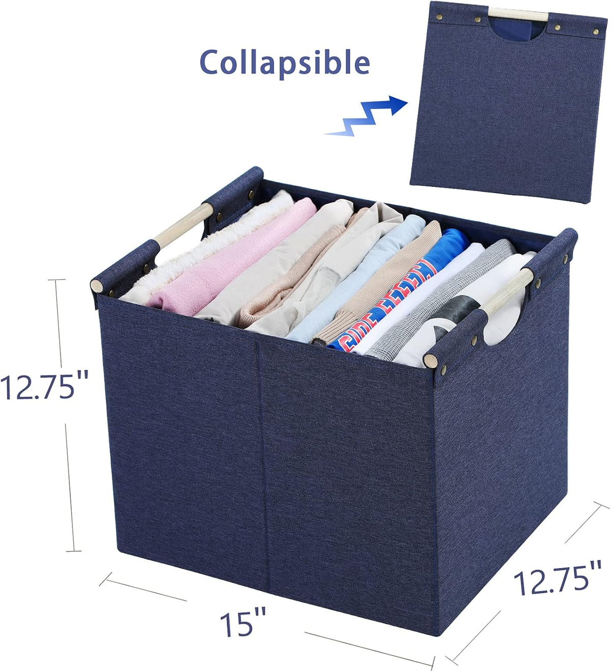 HOONEX Large Collapsible Storage Bins, Linen Fabric, Pack of 2, Storage Baskets with Wooden Carry Handles and Sturdy Heavy Cardboard, for Home, Office, Car, Nursery, Black