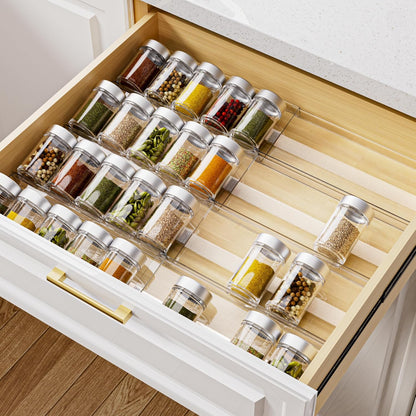 MIUKAA Acrylic Spice Drawer Organizer, 4 Tier - Seasoning Organizer for Drawer, Expandable From 13" to 26" Kitchen Drawer Spice Rack with Slip-Proof Mat (Jars not Included)