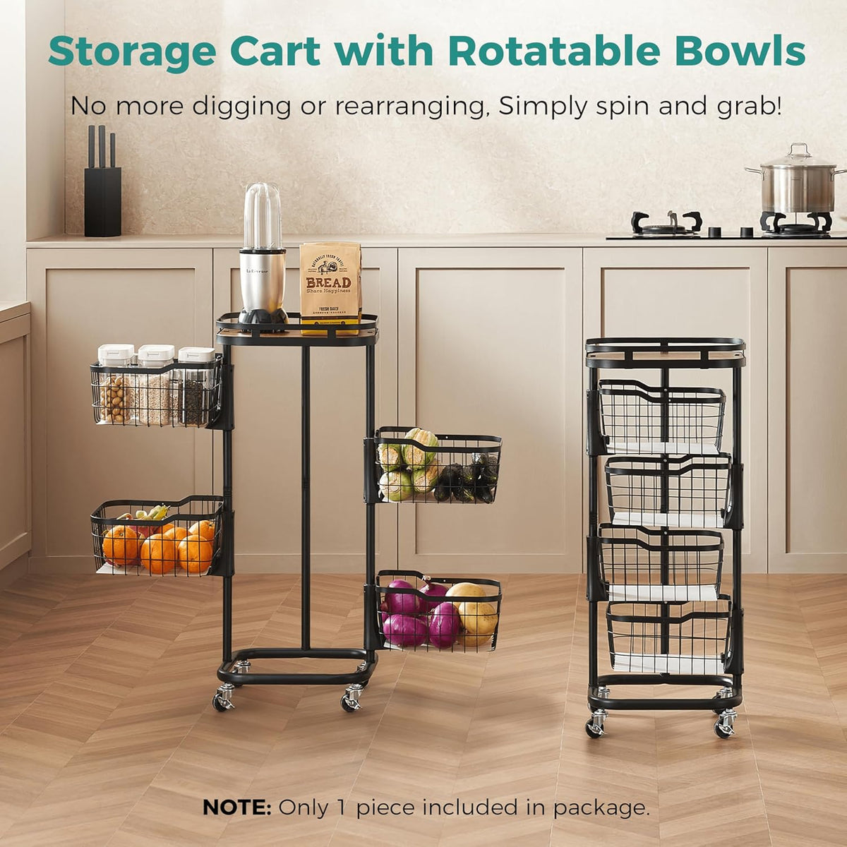 5 Tier Kitchen Fruit Vegetable Storage Cart with One-Piece Rotating Basket, Pantry Organizer Shelf Rack Floor Stand for Veggie Onion Potato Produce Spice, Rolling Snack Cart on Wheels, Black