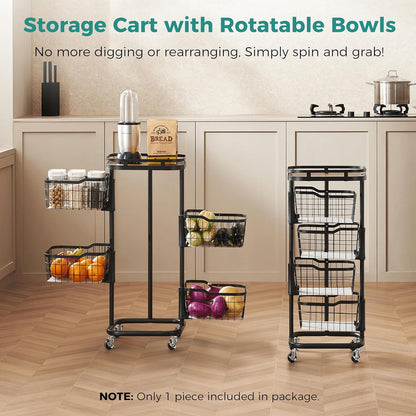 5 Tier Kitchen Fruit Vegetable Storage Cart with One-Piece Rotating Basket, Pantry Organizer Shelf Rack Floor Stand for Veggie Onion Potato Produce Spice, Rolling Snack Cart on Wheels, Black