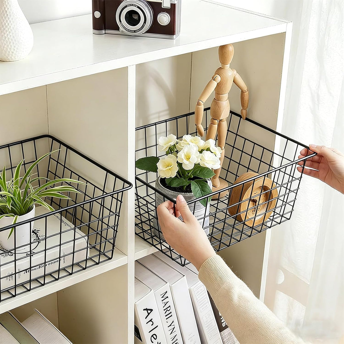 4 Pack White Wire Baskets for Pantry, 11" Upright Wire Freezer Storage Bins with Handles, Small White Metal Storage Basket for Freezer Organizing Office Kitchen Closets