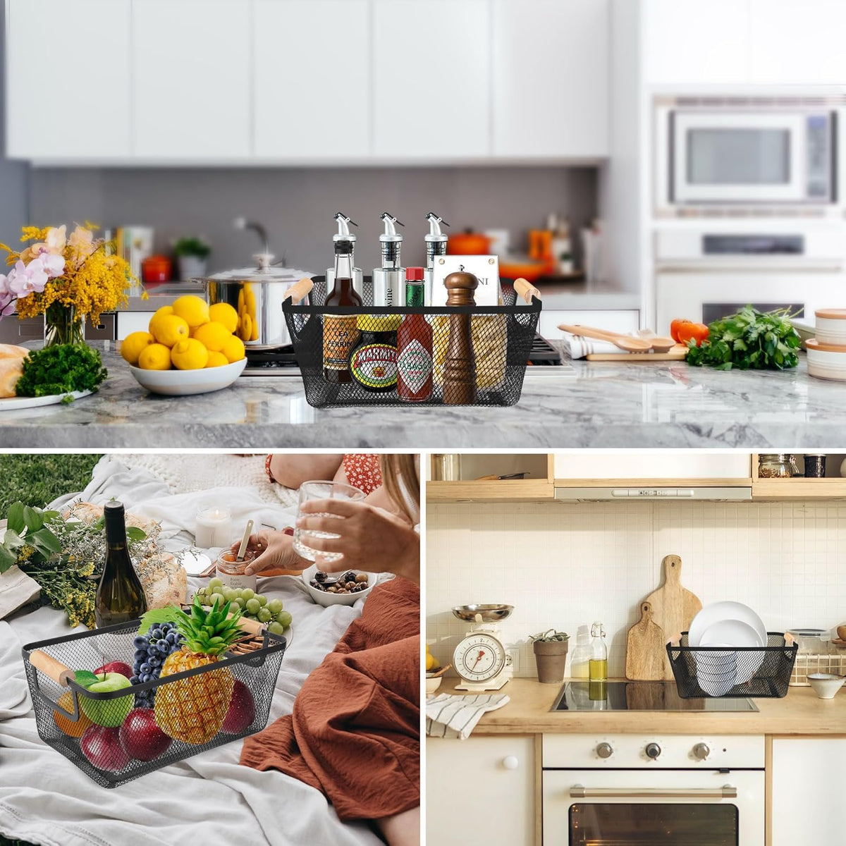 2 Pack 12" Wide Metal Mesh Baskets with Bamboo Handles for Pantry Organization | Wire Storage Bins for Kitchen, Cabinet, Fruit & Snacks | Decorative Farmhouse Style Organizer
