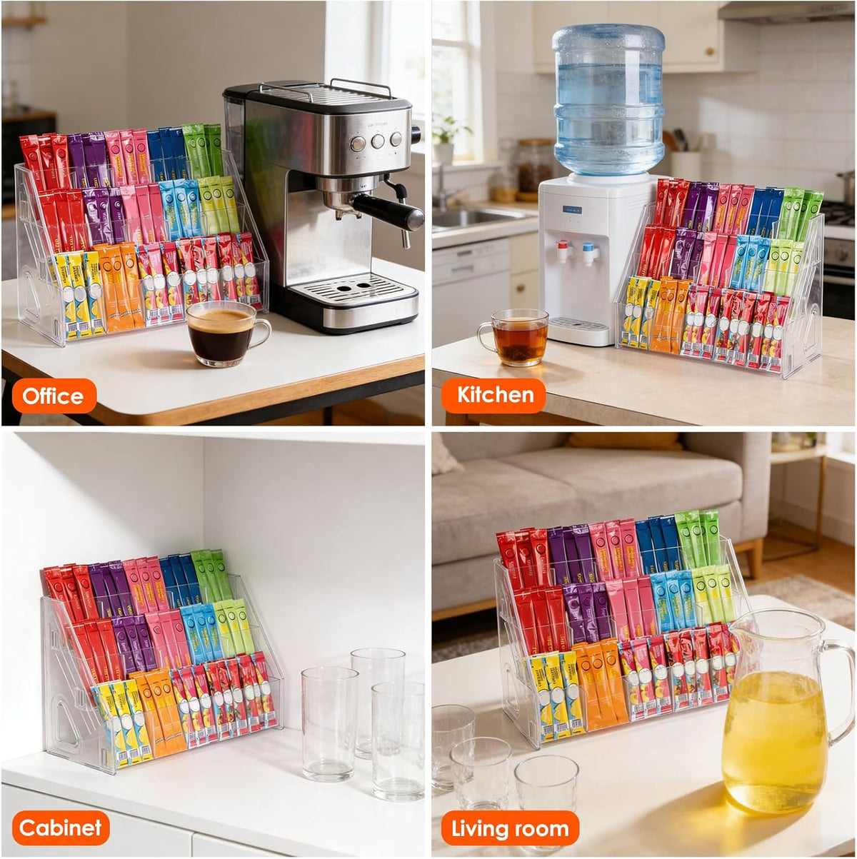 Drink Packet Organizer, Acrylic Water Flavor Packet Holder, Drink Mix Organizer Hydration Powdered Mixes Holder Container for Kitchen Cabinet Countertop Pantry Storage (3 Tier)