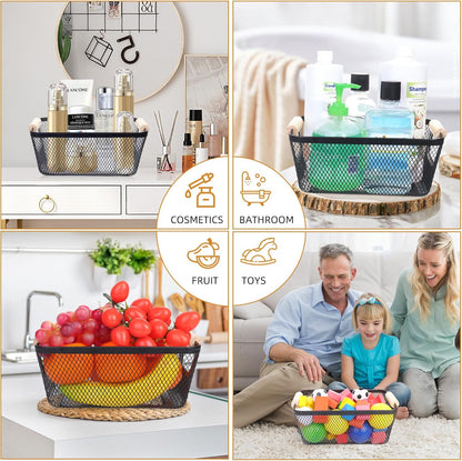 6Pack Black Wire Basket with Wooden Handle, Storage Bins for Pantry, Metal Mesh Basket for Kitchen Organization, Snack Organizer for Home Cabinet Closet Bathroom Fridge Fruit Makeup and Office