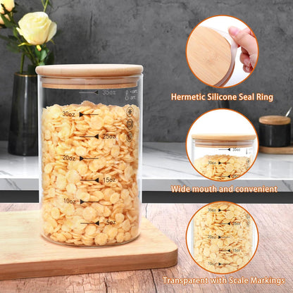 Glass Storage Containers with Lids,Glass Jars with Bamboo Lids, Canisters Set for Pasta, Nuts, Coffee Beans, Kitchen Pantry Organization Jar,Muti Size Set of 3,with Lables and Pen