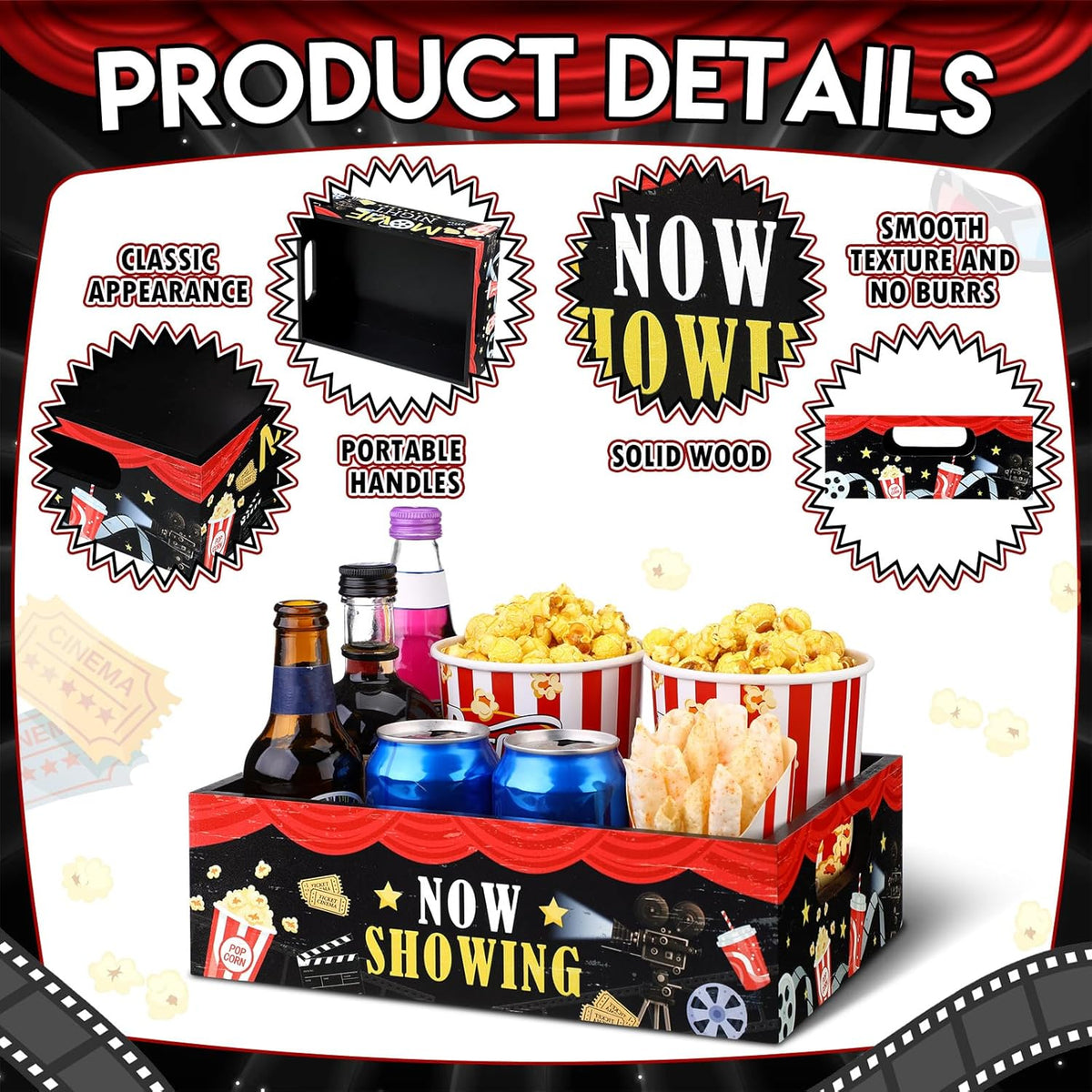 Movie Night Supplies Snack Trays with Handles Reusable Wooden Movie Gift Basket for Theater Popcorn Bucket Bowl Box Container Family Room Decor(Classic Style)