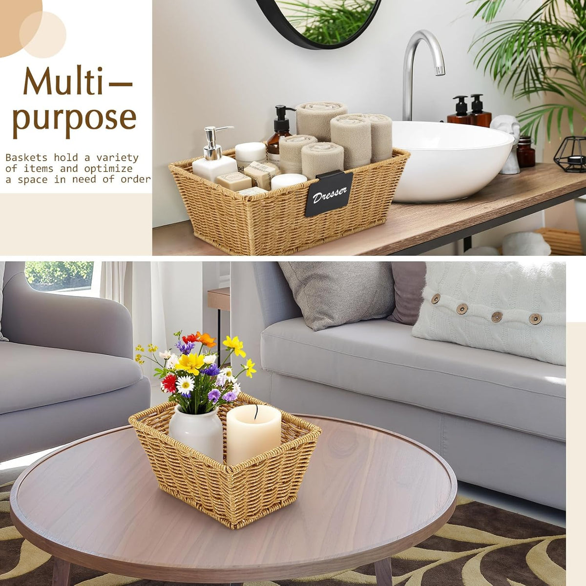 Marsui 6 Pcs Wicker Storage Baskets with Labels Handwoven Multi-size Brown Wicker Storage Bins for Organizing Small Baskets Container for Shelves Closet Pantry Toilet(Brown )